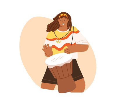 Happy person playing ethnic African music with jembe. Man musician. Africa drum player with djembe, traditional percussion instrument. Colored flat vector illustration isolated on white background