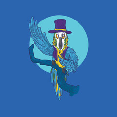 blue parrot character illustration in magician costume