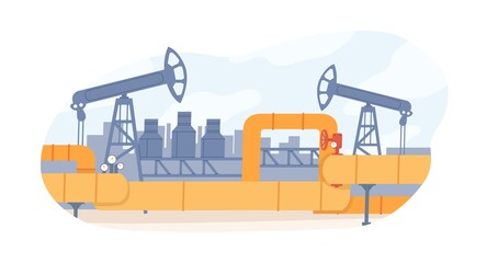 Gas and oil pipeline. Petrochemical plant with pipes, barrels, valves, petroleum tanks and drilling rigs. Heavy industry equipment. Flat vector illustration of refinery isolated on white background