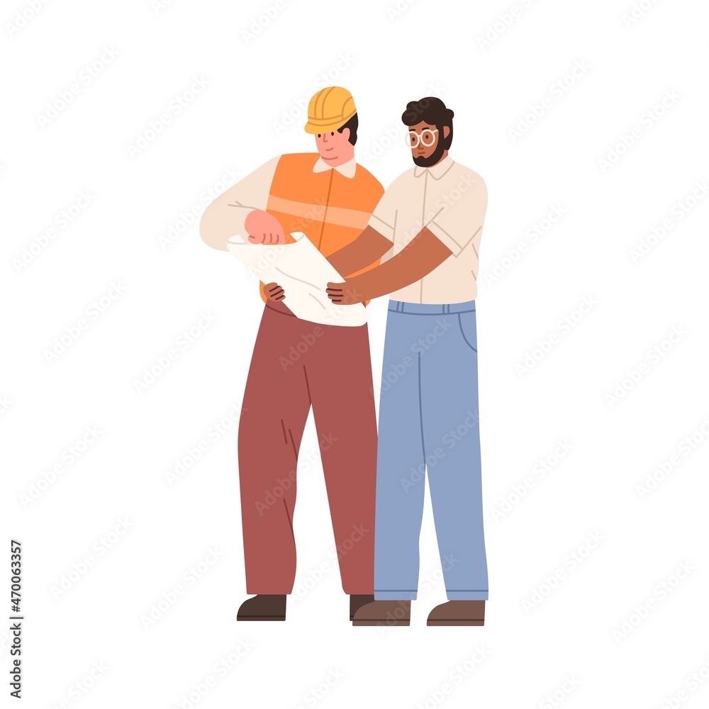 Poster Constructor and inspector with building project. Builder worker and manager discussing drawing. Foreman and engineer with construction plan. Flat vector illustration isolated on white background