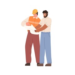 Constructor and inspector with building project. Builder worker and manager discussing drawing. Foreman and engineer with construction plan. Flat vector illustration isolated on white background