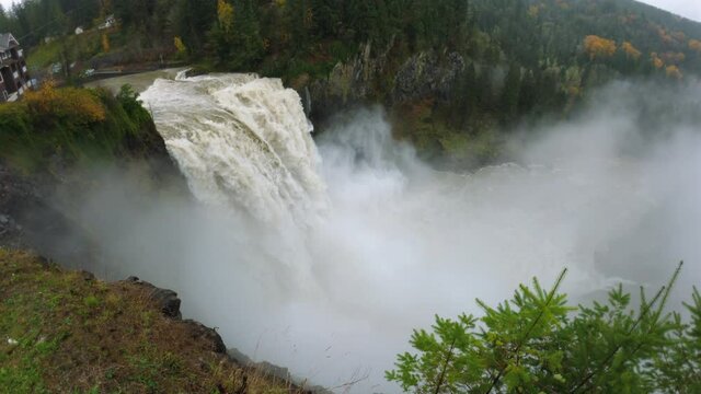 Wide View of Snoqualmie Falls Visitor Lookout with River Flooding