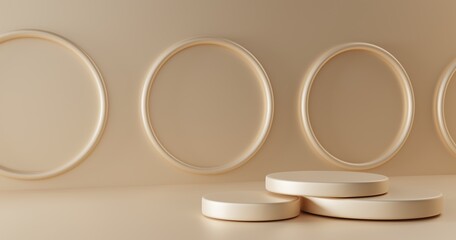 Round stepped podium stone with decorative rings on beige wall. Mock up empty geometric stage, platform or pedestal for display product. Minimal studio room in pastel colors, 3d render illustration