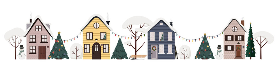 Vector illustration of winter street. Urban landscape with cute houses, trees in snow and christmas garlads, snowman. Flat buildings isolated on white background.