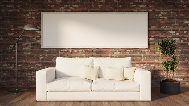 Modern interiorwith a brick wall. 
Sofa and and a picture for a mockup. Stylish living room interior of modern apartment and trendy furniture, plants and elegant accessories. Home decor.  3D render.