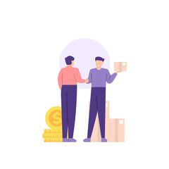Fototapeta na wymiar distributor and reseller concept, pay on the spot, cash on delivery. illustration of buyers and sellers conducting buying and selling transactions of goods. flat cartoon style. vector design