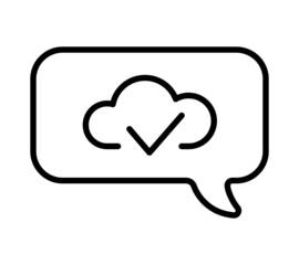 Chatting icon in device. Human talking with talk bubble on pc, phone and notebook. Black stroke isolated on white background. Vector chat pictogram eps10