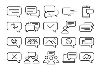 Set of date comminucation icons. Flat pictogram for web. Line stroke. Simple chat talk symbols isolated on white background. Outline online dating chat vector eps10