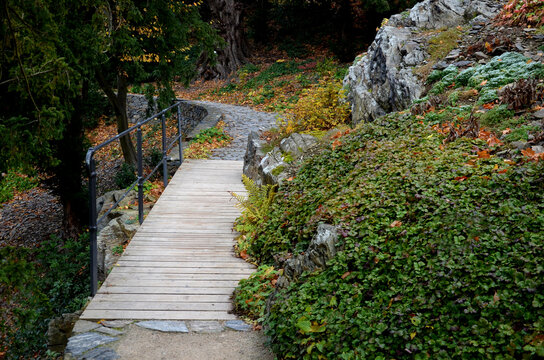 wooden bridge with forged metal railing. The bridge goes over a stone rock over an abyss in a gorge. the planks are thoughtfully dodging the stone that the carpenter had them toothed around. board