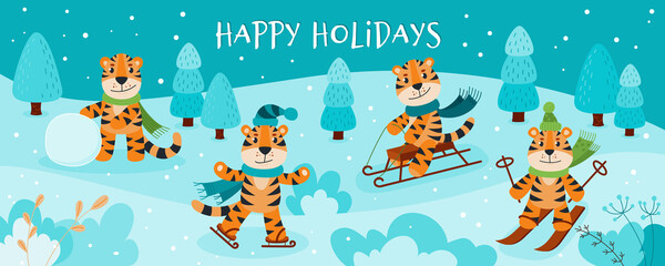 Fototapeta premium Vector cute Tigers are the symbol of 2022. Funny Tigers play winter games: skiing, sledding, ice skating, sculpting a snowman. Tigers new year banner for your design. Set of Tigers.