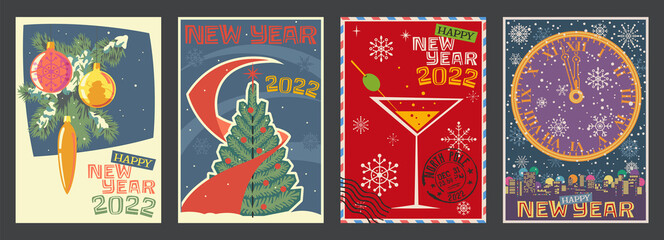 Happy New Year 2022 Season's Greetings! Retro Winter Holidays Postcards Style Illustrations, Christmas Tree, Decorations, Cocktail Glass, Clock Face, Snowflakes