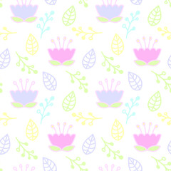 Linear vector pattern with flowers, leaves and berries. Seamless botanical pattern in cartoon style for paper, textile, packaging