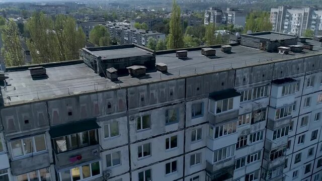 An old panel multi-storey building from a bird's eye view. Panorama