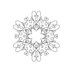 Coloring book with mandala. Mandala with flowers, patterns, curls, black line on a white background in cartoon style. Decorative illustration with leaves, branches and flowers