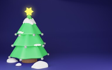 3d rendering of decorated Christmas tree with snow on the leaf and floor which the star light is shining at the night in the winter on dark blue background.