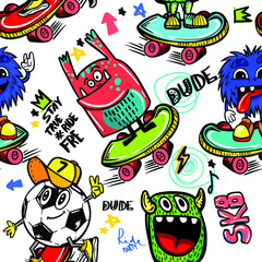 hand drawn pattern with monsters for boys. Slogans, graffiti background. For children's textiles, wrapping paper, prints
