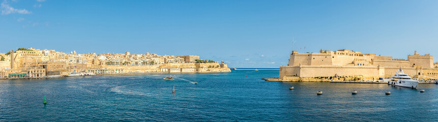 Panoramic view at the Valetta - Capital of Malta (left) and Fort of Saint Angelo (right) in Birgu