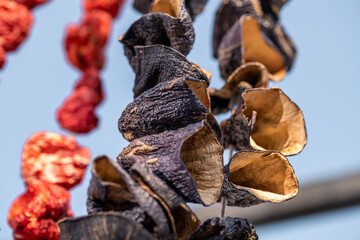 Dry eggplant and dry bell chili hanging in the market, local ingredient, closeup selective focus on blurred background.