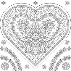 Heart. Vector drawing for coloring. Geometric floral pattern. Contour drawing on a white background
