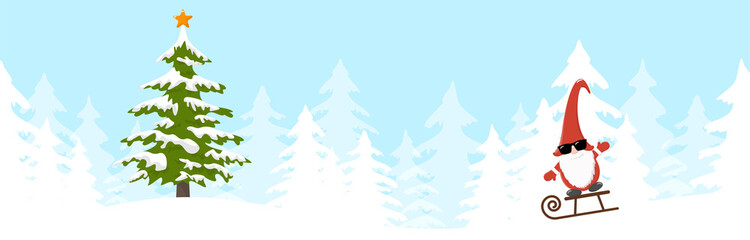gnome with snowy firs and one christmas tree
