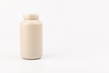 Pills jar. Medical container for drugs, diet, nutritional supplements.