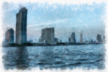 Obraz premium The landscape of the river in the city in the evening watercolor style illustration impressionist painting.