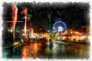 Ferris wheel landscape at night watercolor style illustration impressionist painting.