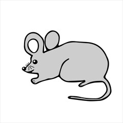 Hand drawn gray vector illustration of a beautiful adult young mouse with a long tail isolated on a white background