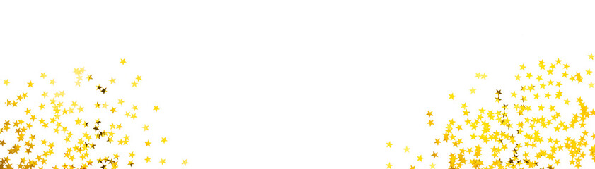 Violet confetti in the form of stars isolated on white banner. Festive day backdrop. Flat lay style with minimalistic design. Template for banner or party invitation