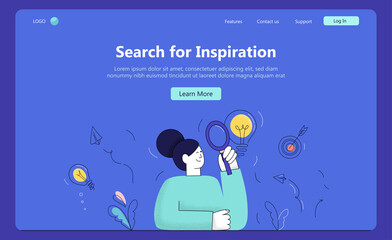 The woman is holding magnifier, looking for idea. SEO, Search Engine Optimization. Generating ideas, imagination, inspiration concept. New business ideas Colorful flat vector illustration