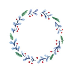 Fototapeta na wymiar Watercolor wreath of fir twigs and mistletoe leaves and berries. Christmas round frame isolated on white background. Hand-drawn illustration.
