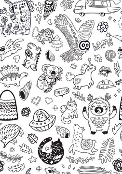 Doodle animals and nature elements seamless pattern. Black and white background