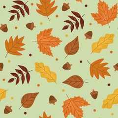 Autumn Leaves on Pale Green Seamless Pattern Design