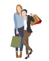 Two friends embracing and carrying shopping bags. Isolated vector