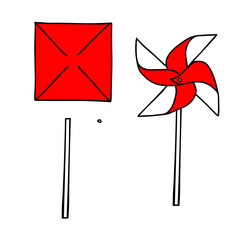 Beautiful hand drawn red vector illustration of one set origami paper toy windmill isolated on a white background for coloring book for children