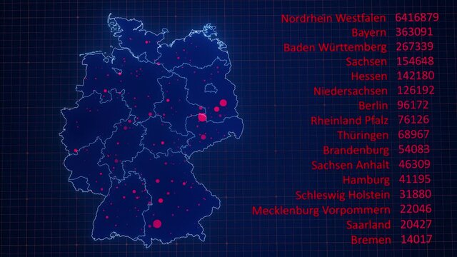 Coronavirus - Deutschlandkarte - 16 Bundesl&auml;nder - Fallzahlen - Deutschland - COVID-19 - Karte