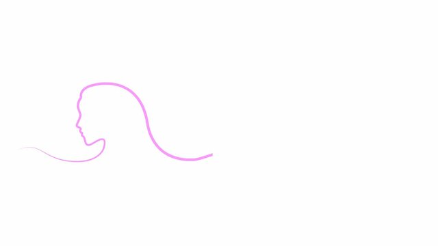 Animated pink silhouette of woman with hair wave. Head of beautiful girl from ribbon appear. Looped video. Concept of beauty. Vector linear illustration isolated on the white background.