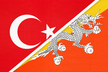 Turkey and Bhutan, symbol of country. Turkish vs Bhutanese national flag