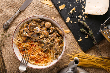 Rustic  pasta with mushrooms top view
