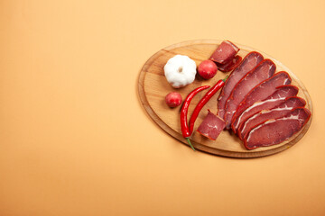 Beef pastrami sliced.  Turkish bacon, pastrami ( kayseri pastirma )