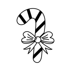 Christmas candy cane with bow knot in doodle style. Vector illustration.