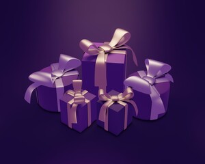 3D Render Merry Christmas and Happy New Year. Background with realistic festive gifts box. Xmas present.