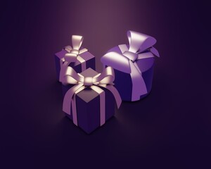 3D Render Merry Christmas and Happy New Year. Background with realistic festive gifts box. Xmas present.