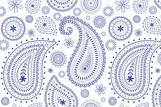 Paisley pattern background, white Indian mandala in blue vector