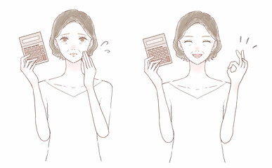 電卓を持つ中年女性のセット