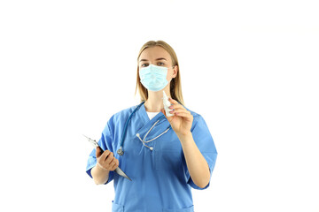 Young nurse in mask isolated on white background, seasonal cold treatment