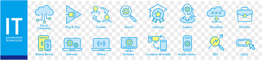 IT information technology, software, website content, network system, web design, mobile device, icon set editable stroke vector 