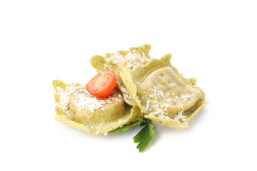 Delicious ravioli isolated on white background, close up