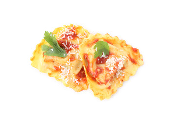 Delicious ravioli isolated on white background, close up