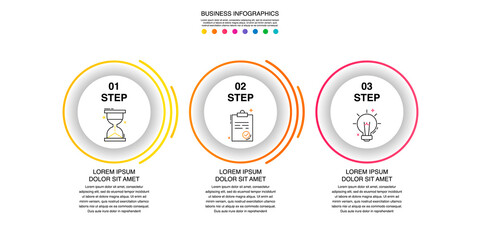 Modern 3D vector illustration. Circular infographic template with three elements. Contains icons and text. Designed for business, presentations, web design, 3-step diagrams.